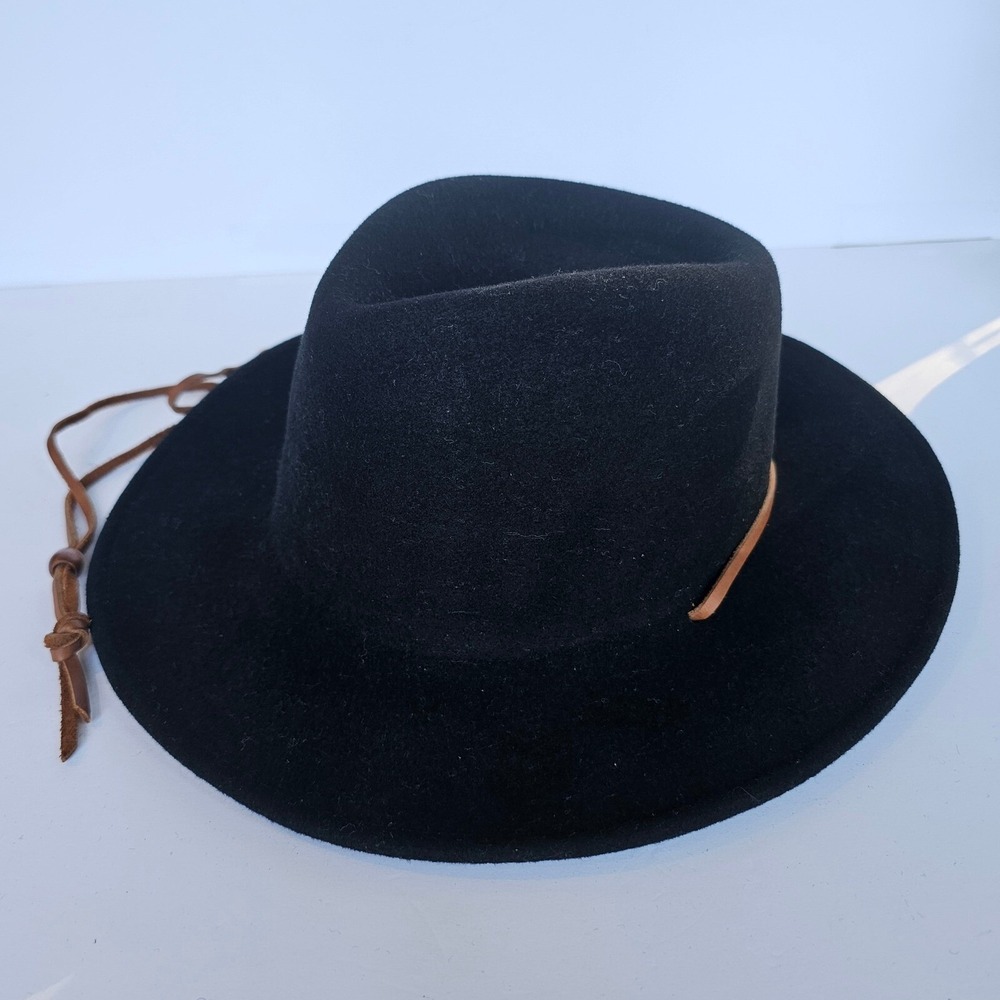 Vtg Lite Felt Black Wool Fedora Leather Strap Outback Hat Western Boho Festival